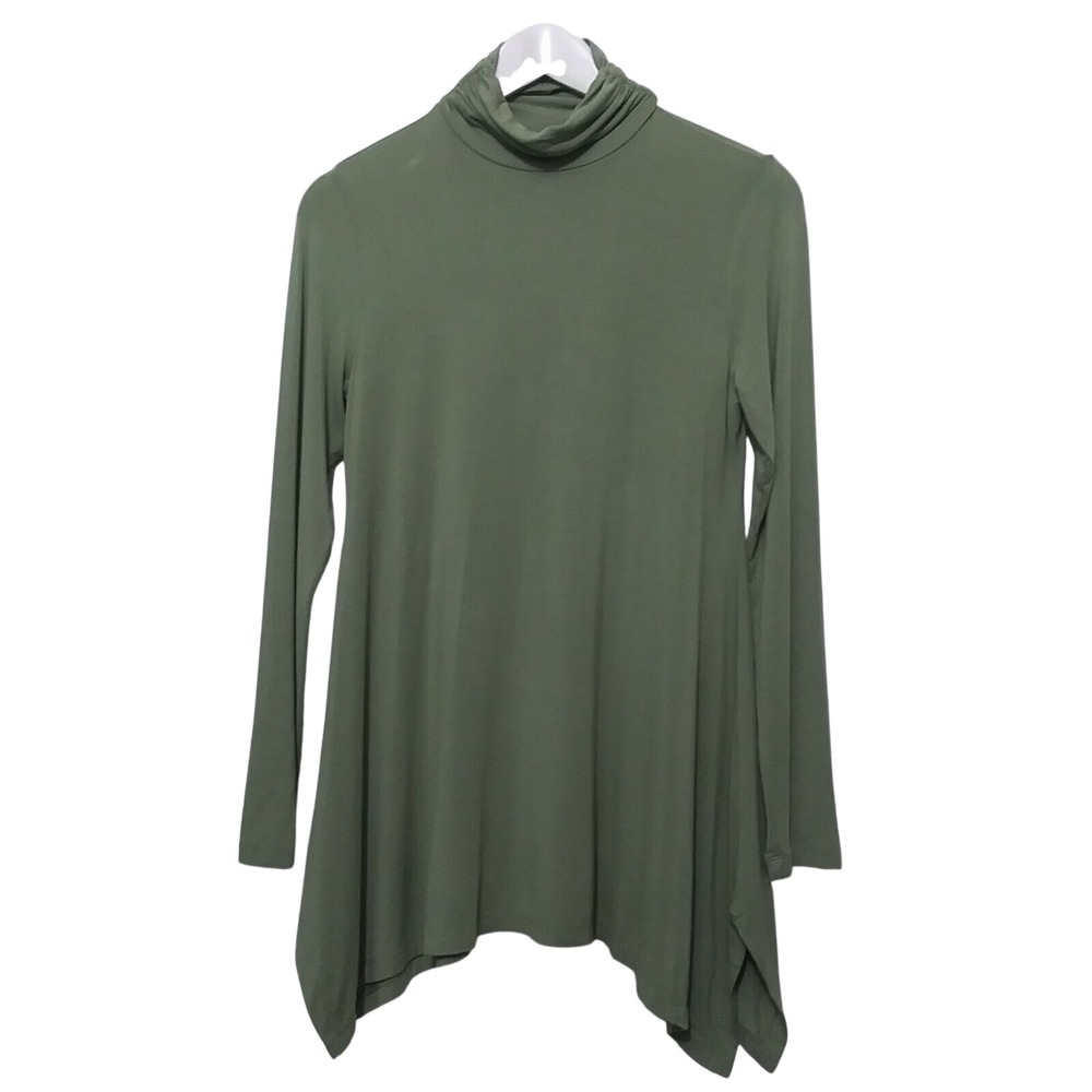 Soft Surroundings Olive Green Ruched Turtleneck Sharkbite Hem Tunic Top PXS